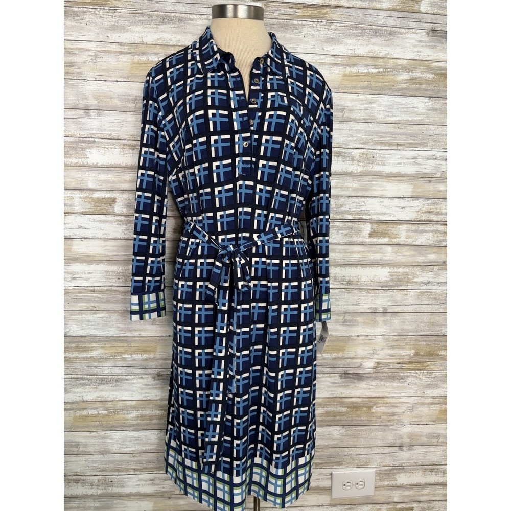 Donna Morgan Dress NWT Geometric Jersey Mod Long Sleeve Work Belted EUC